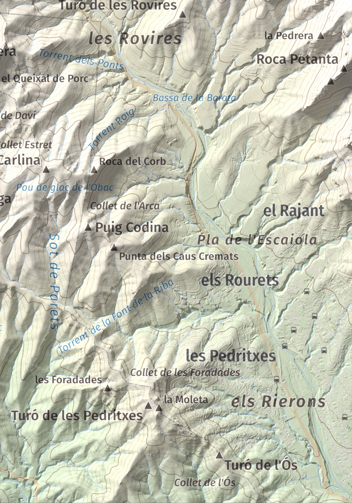 Mapa de relieve de Turó de la Pola (o de les Tres Creus), 930 m, Bages, lámina 100 Cims de Trobart. Detalle de la zona inferior derecha. 21 × 30 cm.