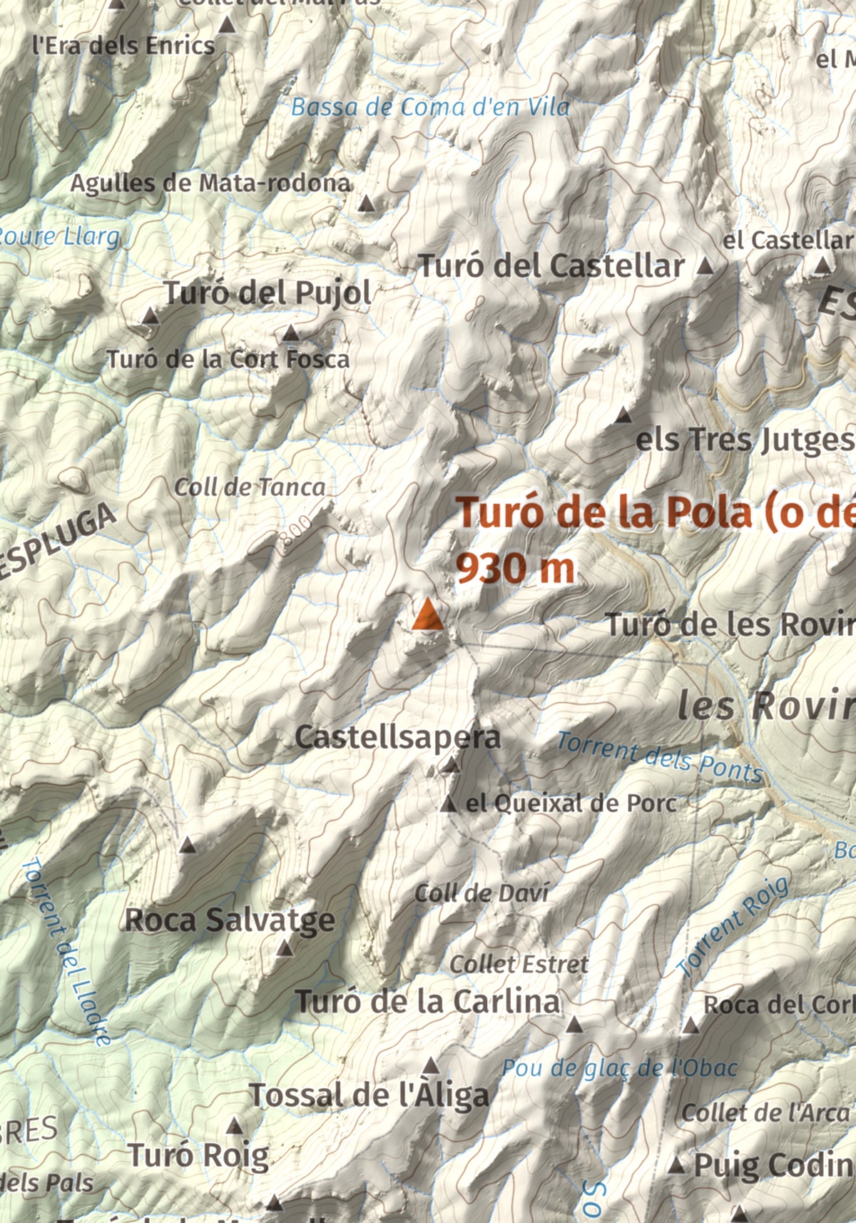 Mapa de relieve de Turó de la Pola (o de les Tres Creus), 930 m, Bages, lámina 100 Cims de Trobart. Detalle de la zona central. 21 × 30 cm.