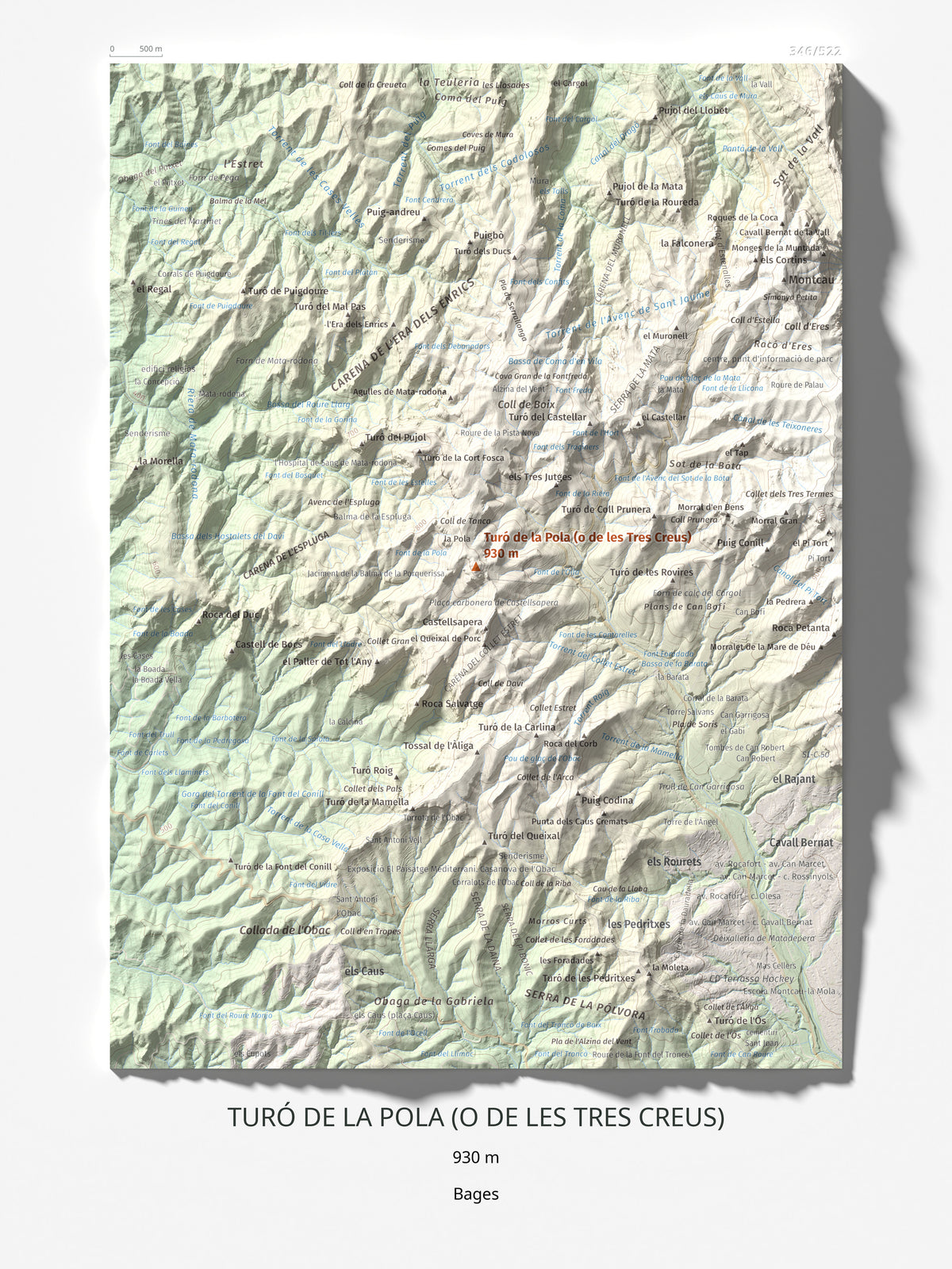 Mapa de relieve de Turó de la Pola (o de les Tres Creus), 930 m, Bages, lámina 100 Cims de Trobart 30 × 40 cm.