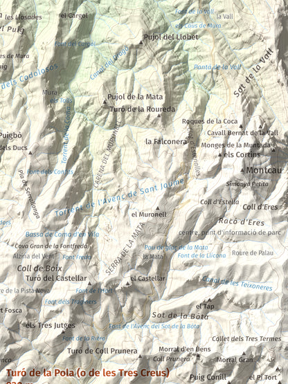 Mapa de relieve de Turó de la Pola (o de les Tres Creus), 930 m, Bages, lámina 100 Cims de Trobart. Detalle de la zona superior derecha. 30 × 40 cm.