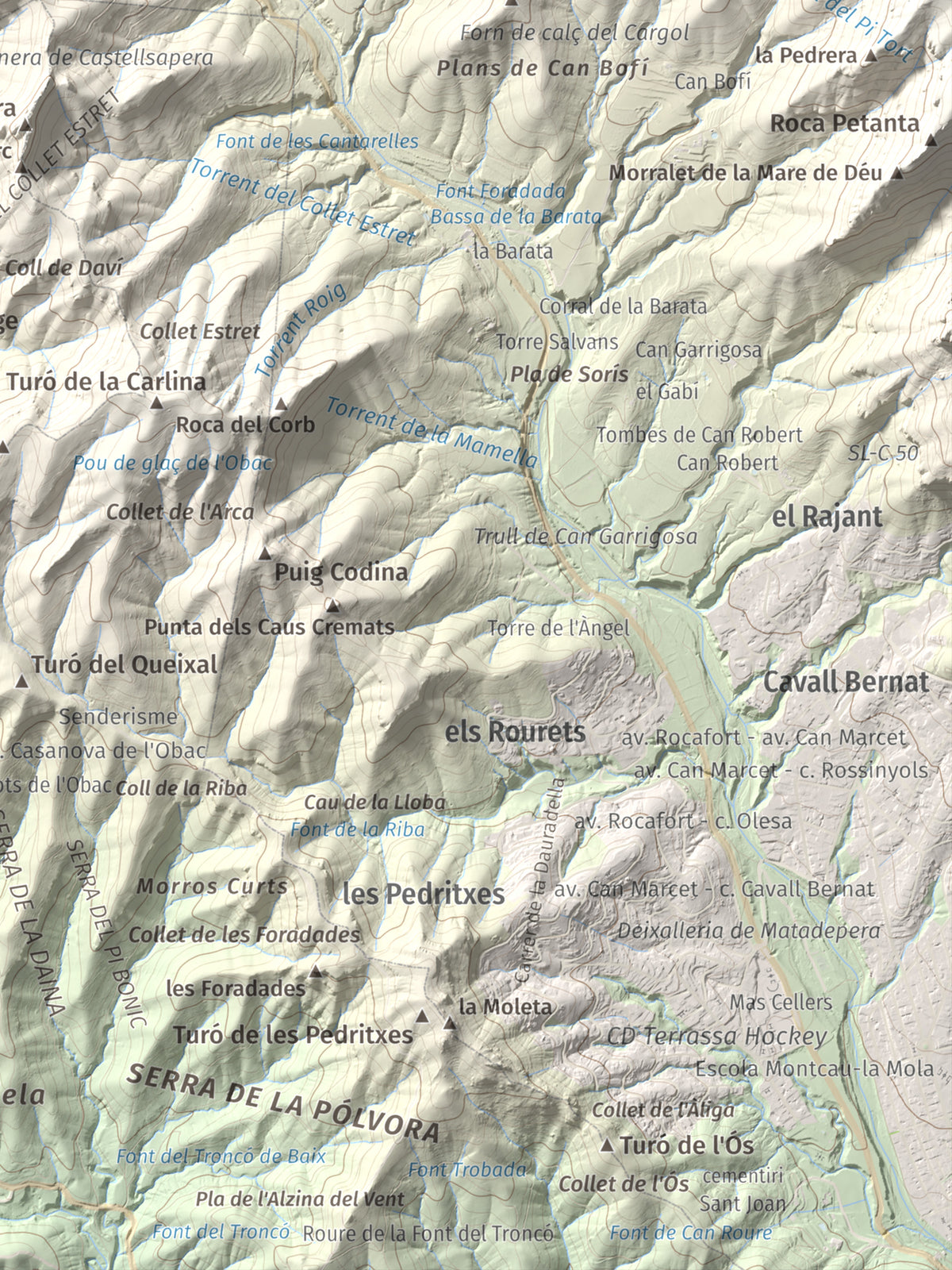 Mapa de relieve de Turó de la Pola (o de les Tres Creus), 930 m, Bages, lámina 100 Cims de Trobart. Detalle de la zona inferior derecha. 30 × 40 cm.