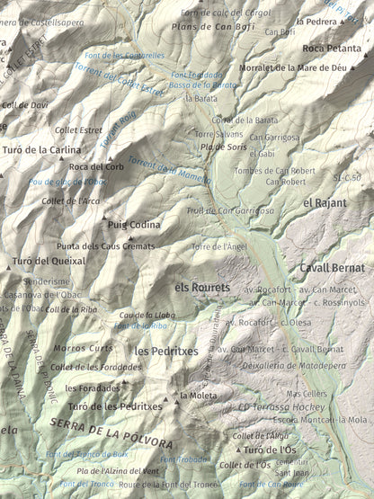 Mapa de relieve de Turó de la Pola (o de les Tres Creus), 930 m, Bages, lámina 100 Cims de Trobart. Detalle de la zona inferior derecha. 30 × 40 cm.