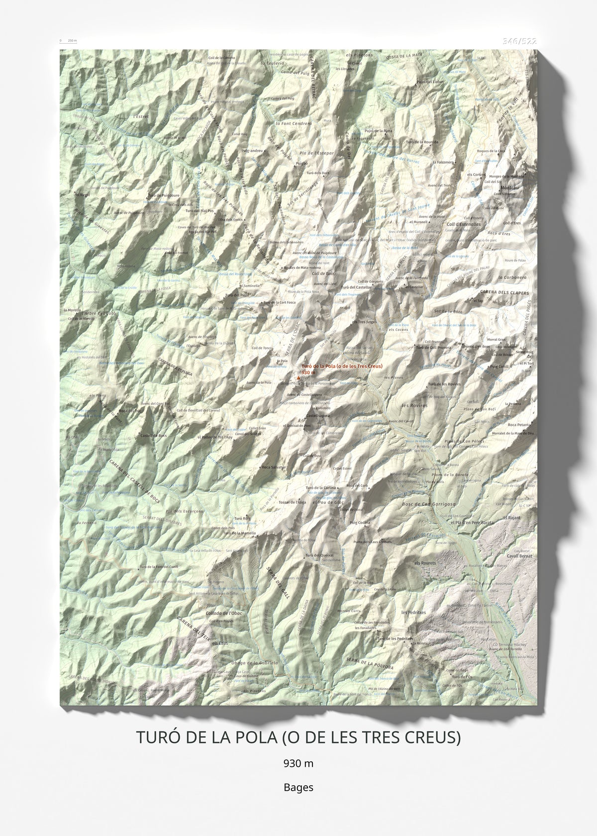 Mapa de relieve de Turó de la Pola (o de les Tres Creus), 930 m, Bages, lámina 100 Cims de Trobart 50 × 70 cm.