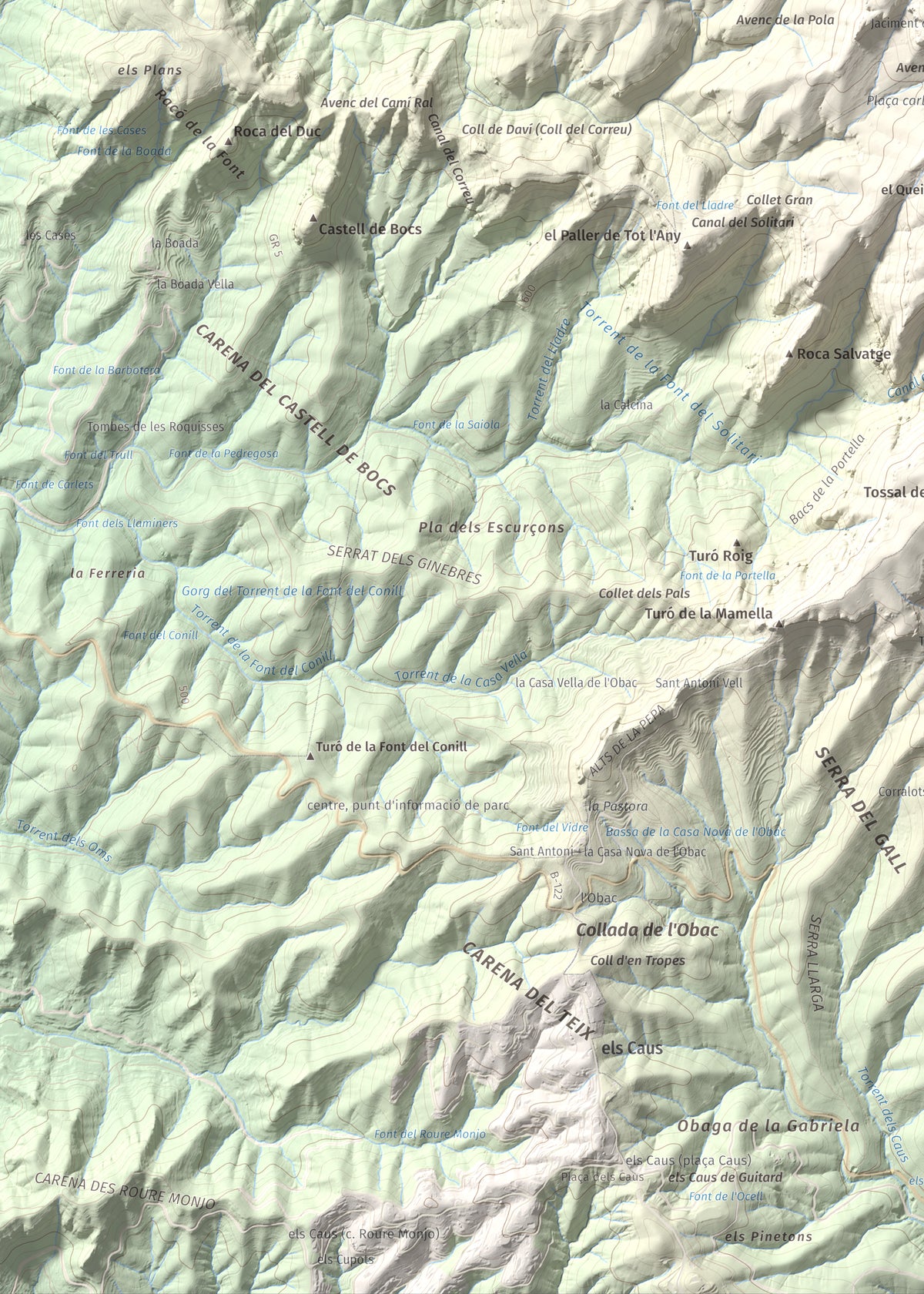 Mapa de relieve de Turó de la Pola (o de les Tres Creus), 930 m, Bages, lámina 100 Cims de Trobart. Detalle de la zona inferior izquierda. 50 × 70 cm.