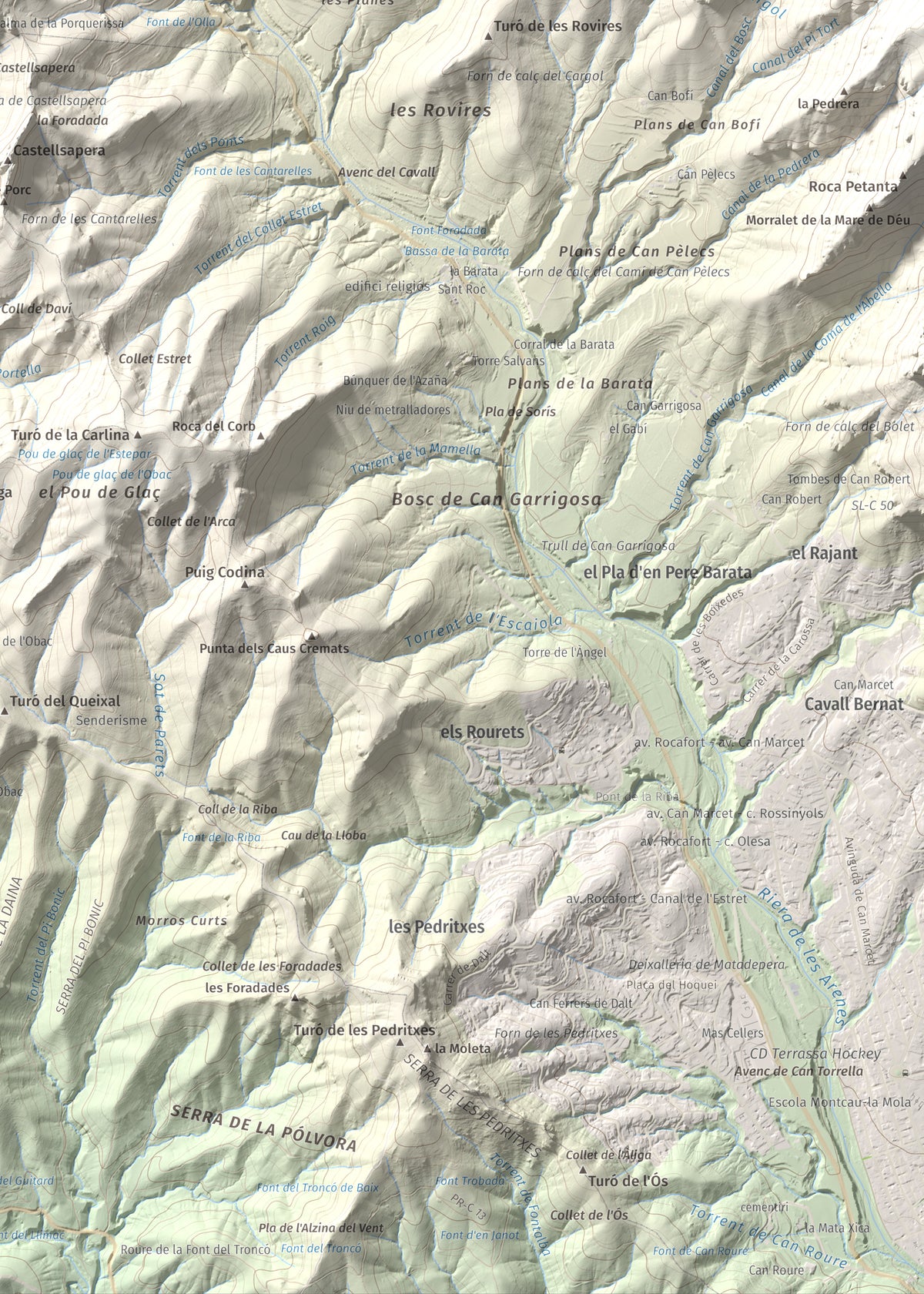 Mapa de relieve de Turó de la Pola (o de les Tres Creus), 930 m, Bages, lámina 100 Cims de Trobart. Detalle de la zona inferior derecha. 50 × 70 cm.