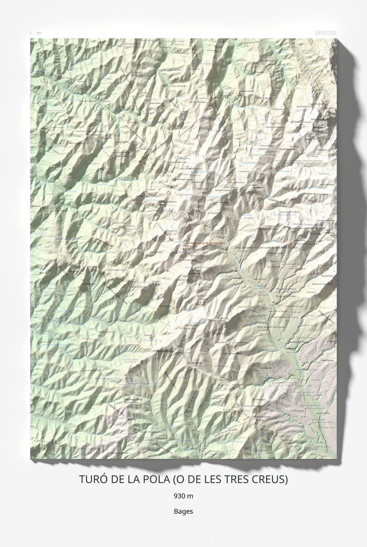 Mapa de relieve de Turó de la Pola (o de les Tres Creus), 930 m, Bages, lámina 100 Cims de Trobart 61 × 91 cm.