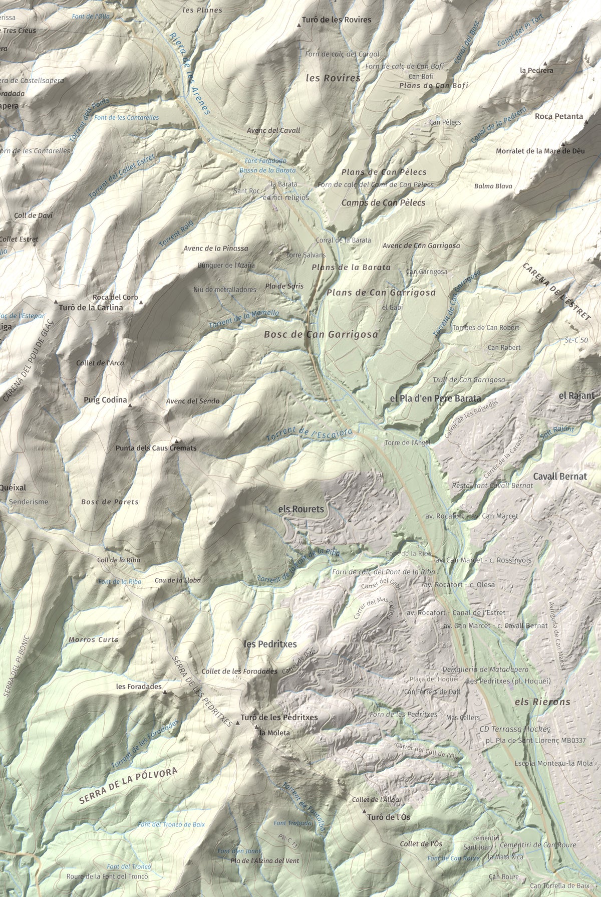 Mapa de relieve de Turó de la Pola (o de les Tres Creus), 930 m, Bages, lámina 100 Cims de Trobart. Detalle de la zona inferior derecha. 61 × 91 cm.