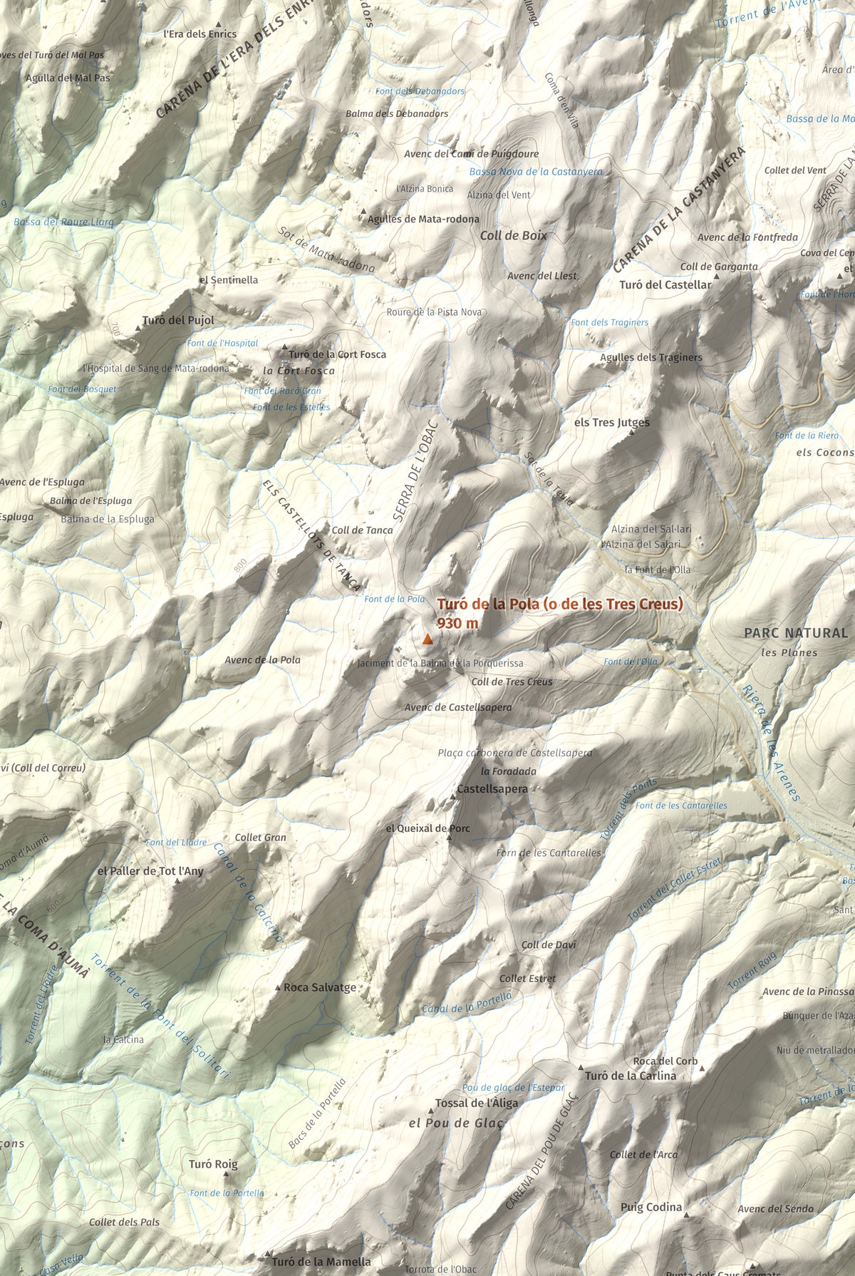 Mapa de relieve de Turó de la Pola (o de les Tres Creus), 930 m, Bages, lámina 100 Cims de Trobart. Detalle de la zona central. 61 × 91 cm.