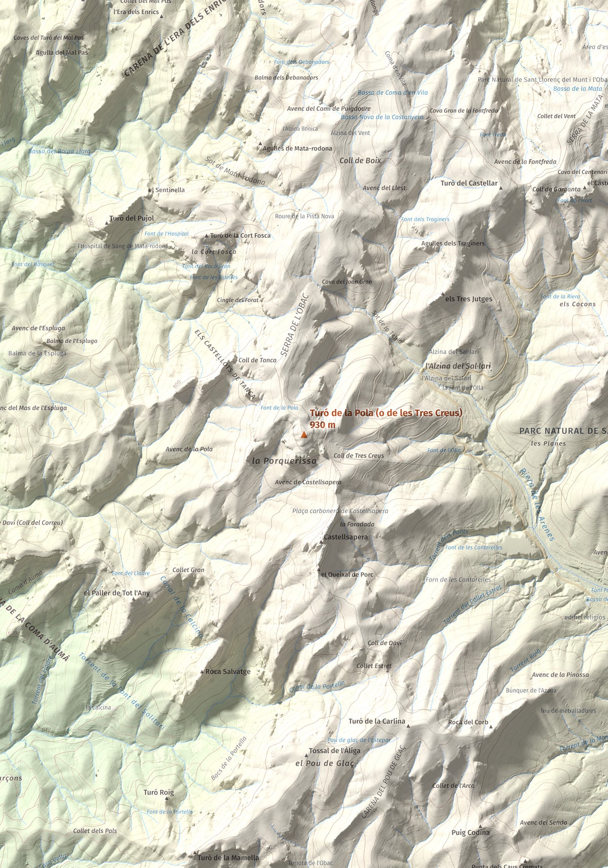 Mapa de relieve de Turó de la Pola (o de les Tres Creus), 930 m, Bages, lámina 100 Cims de Trobart. Detalle de la zona central. 70 × 100 cm.