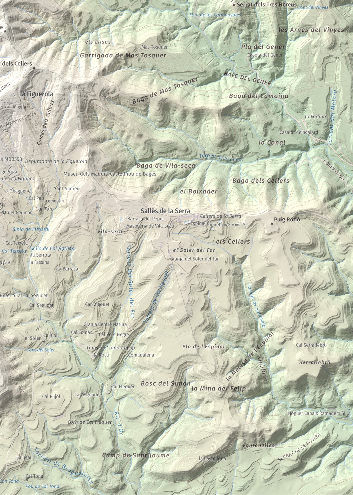 Mapa de relieve de Turó de la Torre o de Castellnou, 624 m, Bages, lámina 100 Cims de Trobart. Detalle de la zona inferior derecha. 50 × 70 cm.
