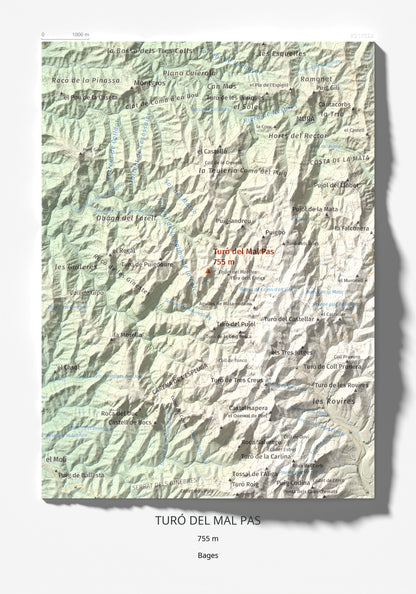 Mapa de relieve de Turó del Mal Pas, 755 m, Bages, lámina 100 Cims de Trobart 21 × 30 cm.