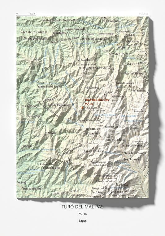 Mapa de relieve de Turó del Mal Pas, 755 m, Bages, lámina 100 Cims de Trobart 21 × 30 cm.
