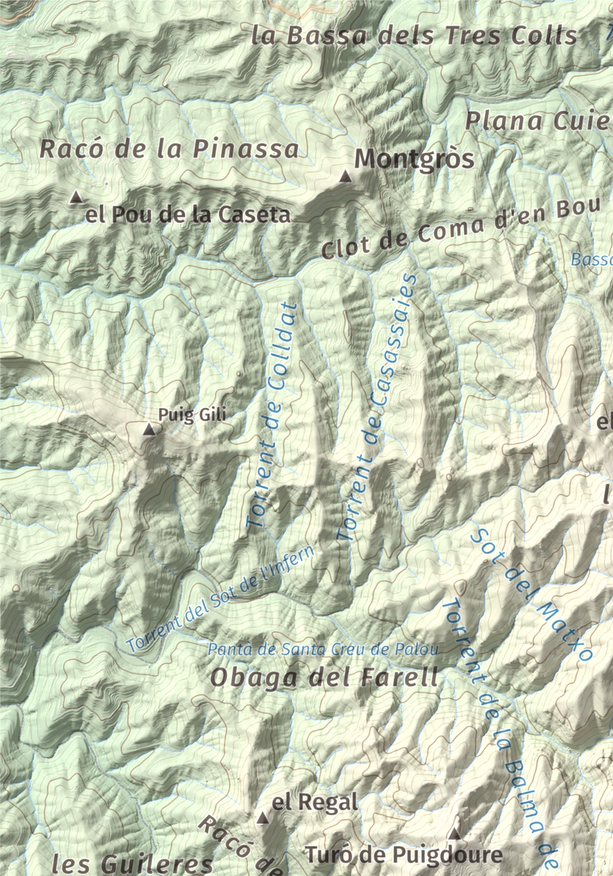 Mapa de relieve de Turó del Mal Pas, 755 m, Bages, lámina 100 Cims de Trobart. Detalle de la zona superior izquierda. 21 × 30 cm.