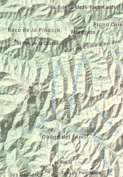 Mapa de relieve de Turó del Mal Pas, 755 m, Bages, lámina 100 Cims de Trobart. Detalle de la zona superior izquierda. 21 × 30 cm.