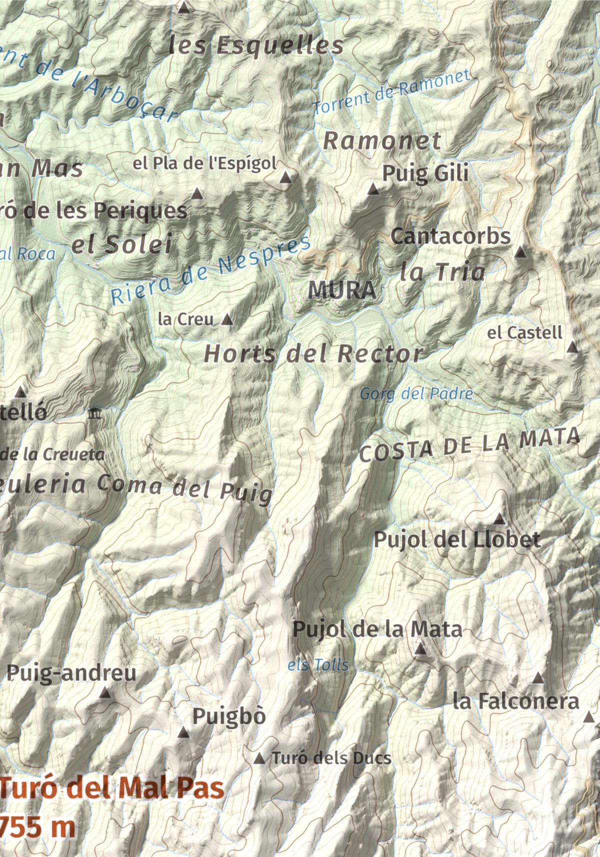Mapa de relieve de Turó del Mal Pas, 755 m, Bages, lámina 100 Cims de Trobart. Detalle de la zona superior derecha. 21 × 30 cm.