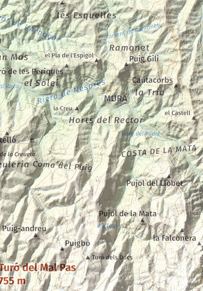 Mapa de relieve de Turó del Mal Pas, 755 m, Bages, lámina 100 Cims de Trobart. Detalle de la zona superior derecha. 21 × 30 cm.