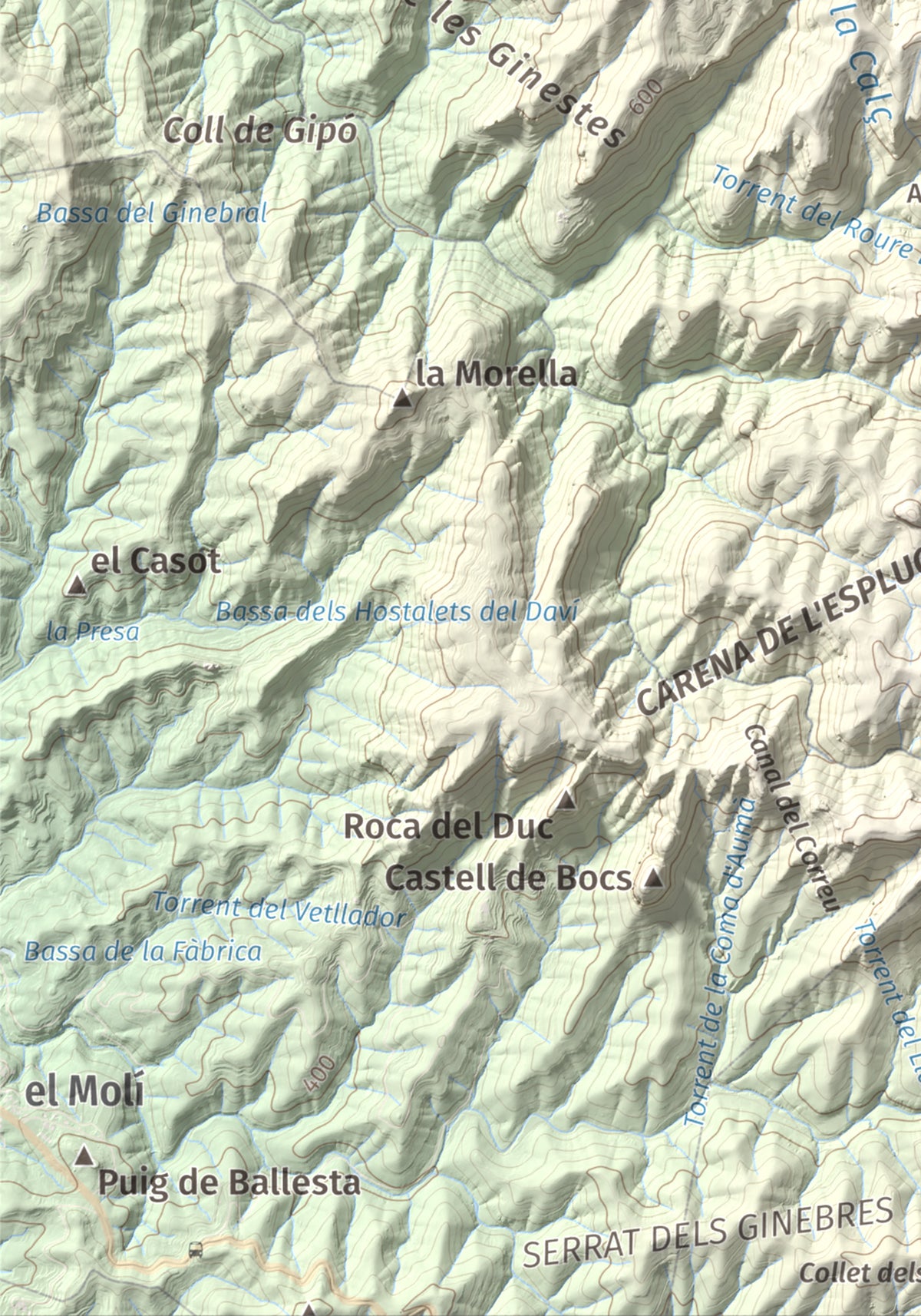 Mapa de relieve de Turó del Mal Pas, 755 m, Bages, lámina 100 Cims de Trobart. Detalle de la zona inferior izquierda. 21 × 30 cm.