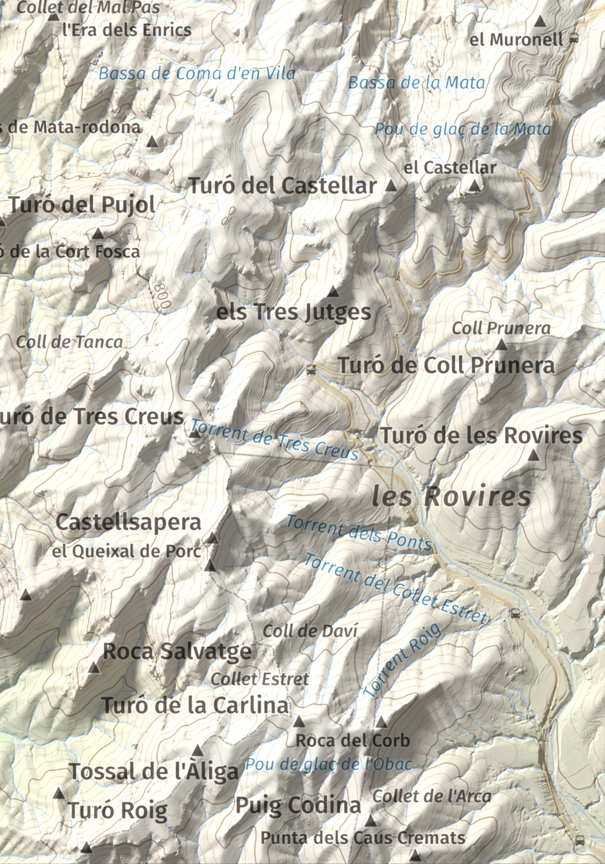 Mapa de relieve de Turó del Mal Pas, 755 m, Bages, lámina 100 Cims de Trobart. Detalle de la zona inferior derecha. 21 × 30 cm.
