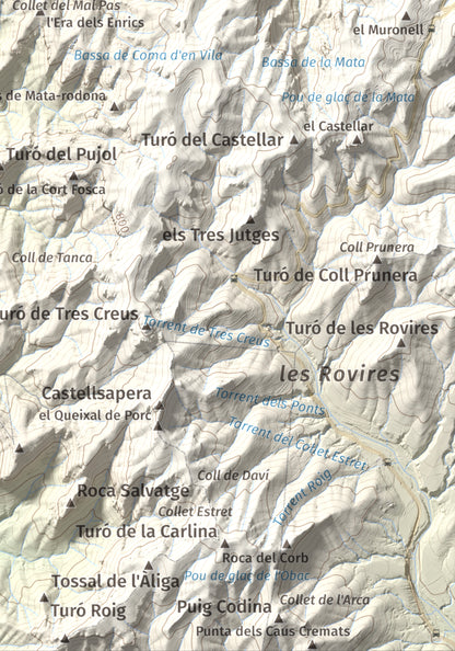 Mapa de relieve de Turó del Mal Pas, 755 m, Bages, lámina 100 Cims de Trobart. Detalle de la zona inferior derecha. 21 × 30 cm.