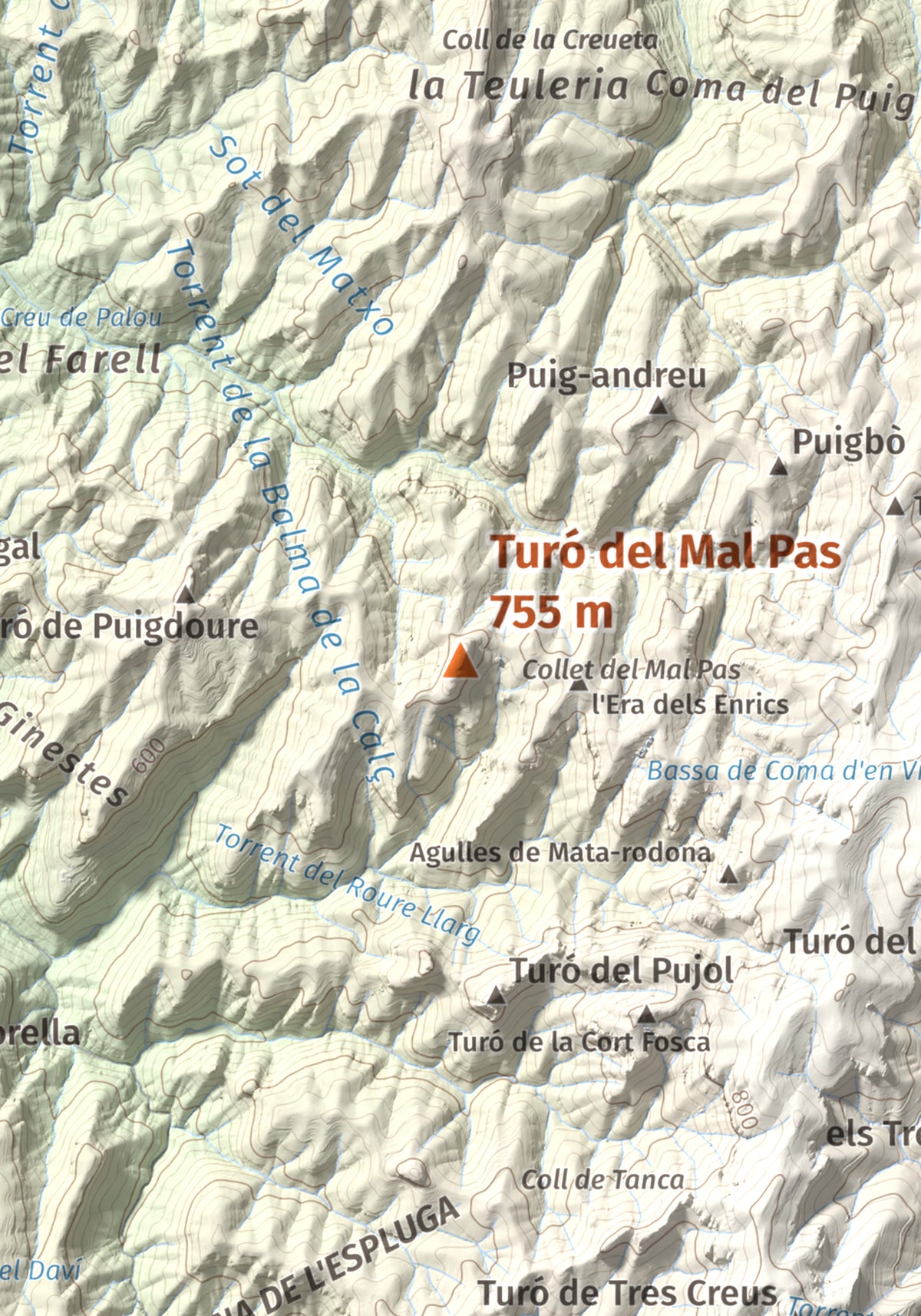 Mapa de relieve de Turó del Mal Pas, 755 m, Bages, lámina 100 Cims de Trobart. Detalle de la zona central. 21 × 30 cm.