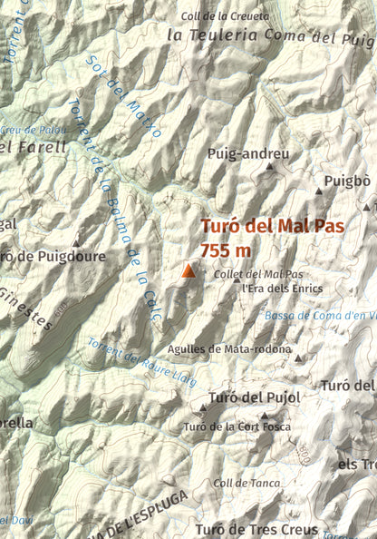 Mapa de relieve de Turó del Mal Pas, 755 m, Bages, lámina 100 Cims de Trobart. Detalle de la zona central. 21 × 30 cm.