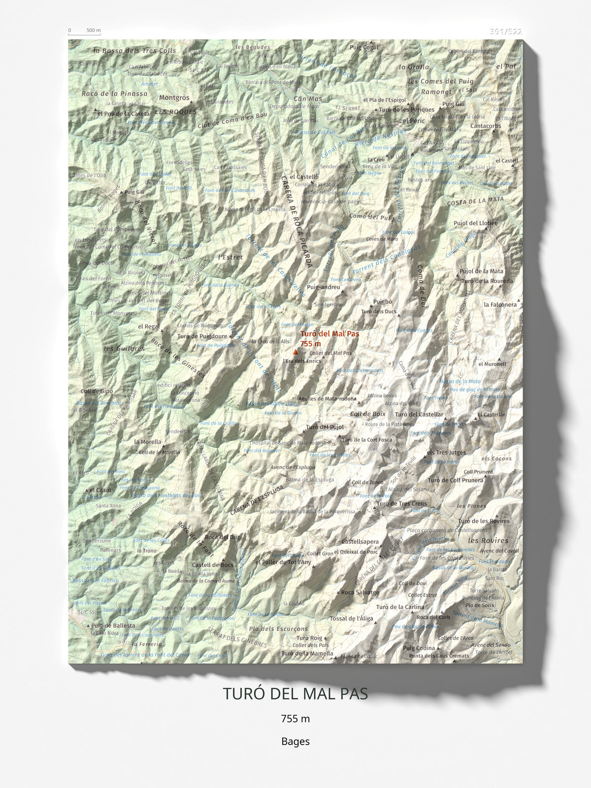 Mapa de relieve de Turó del Mal Pas, 755 m, Bages, lámina 100 Cims de Trobart 30 × 40 cm.
