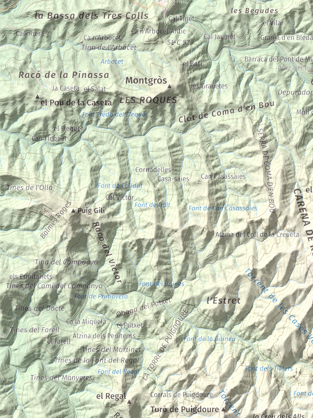 Mapa de relieve de Turó del Mal Pas, 755 m, Bages, lámina 100 Cims de Trobart. Detalle de la zona superior izquierda. 30 × 40 cm.