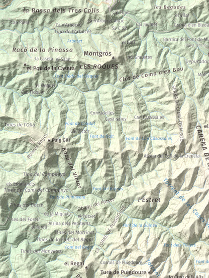 Mapa de relieve de Turó del Mal Pas, 755 m, Bages, lámina 100 Cims de Trobart. Detalle de la zona superior izquierda. 30 × 40 cm.