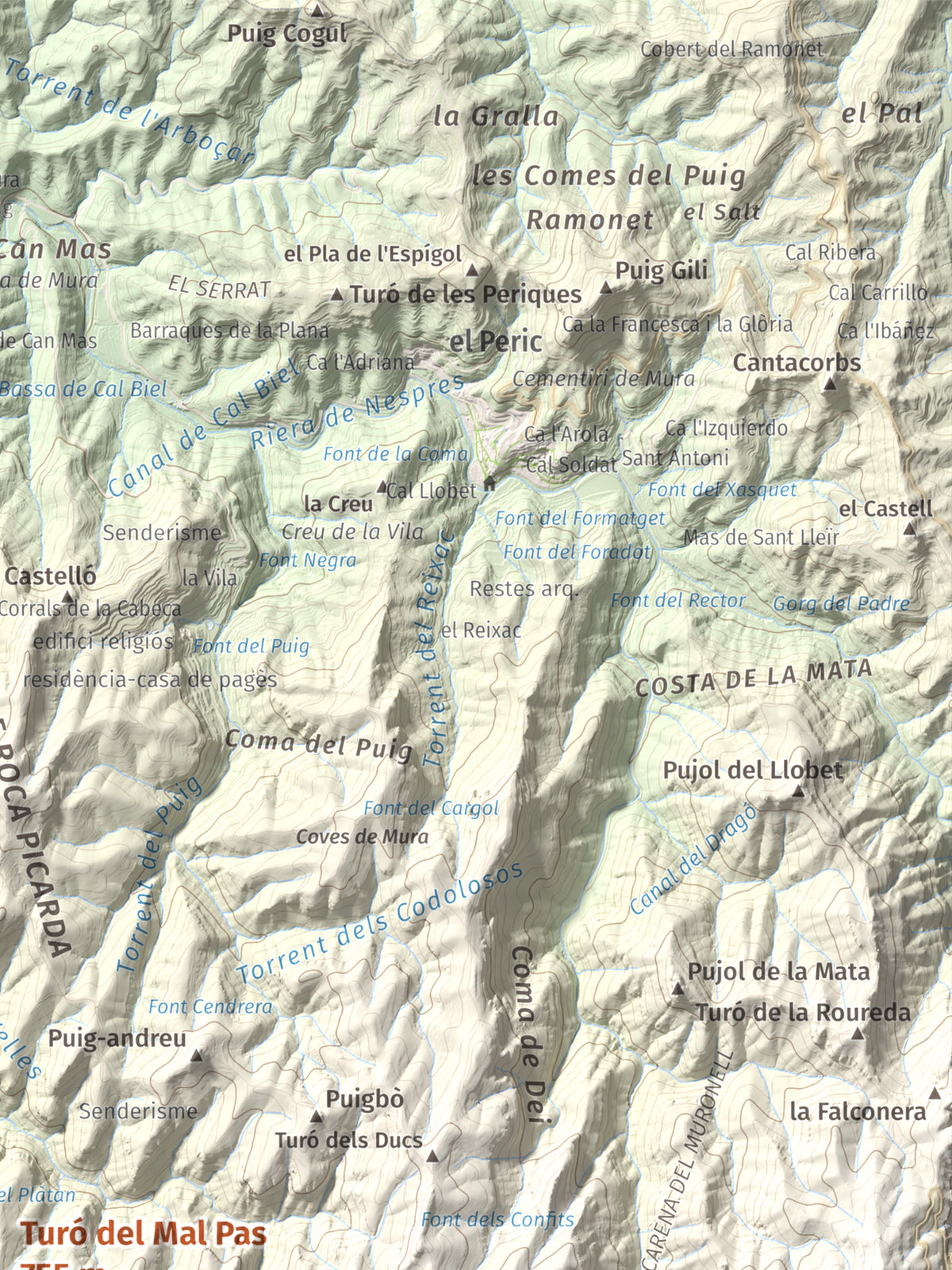 Mapa de relieve de Turó del Mal Pas, 755 m, Bages, lámina 100 Cims de Trobart. Detalle de la zona superior derecha. 30 × 40 cm.