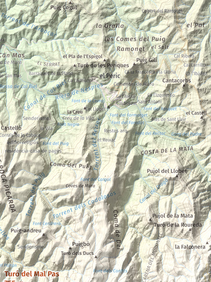 Mapa de relieve de Turó del Mal Pas, 755 m, Bages, lámina 100 Cims de Trobart. Detalle de la zona superior derecha. 30 × 40 cm.