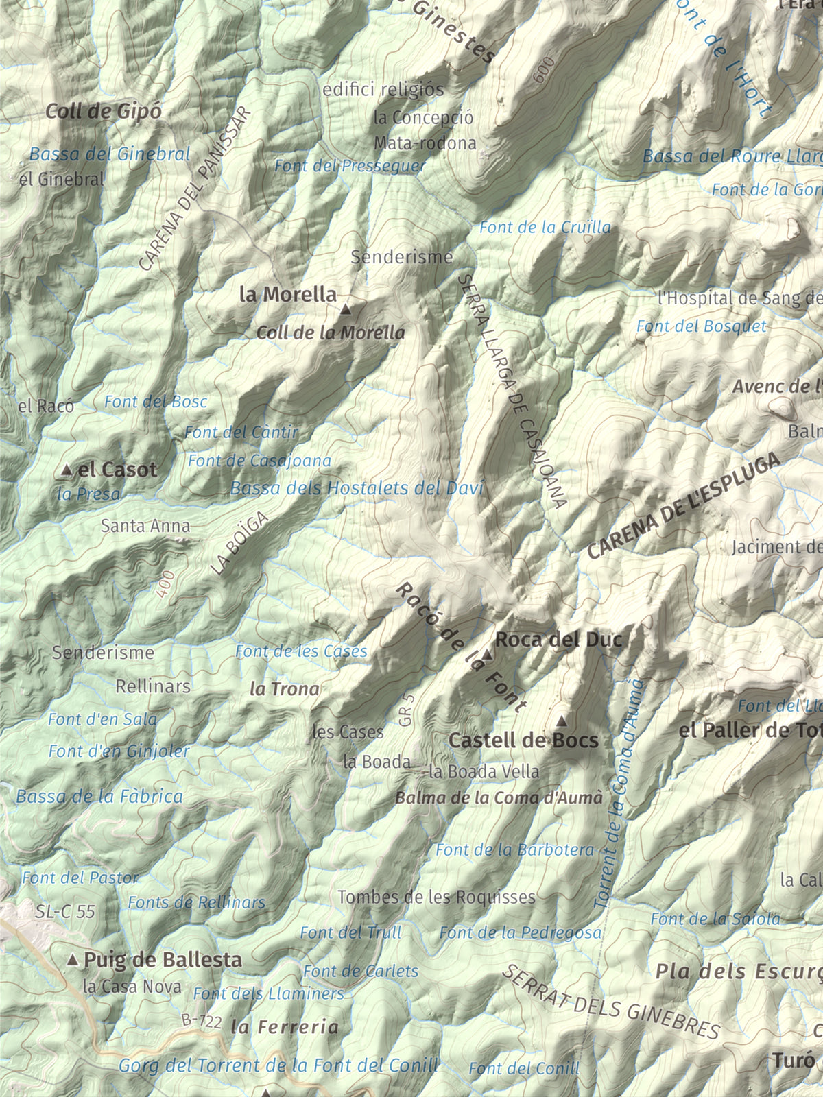 Mapa de relieve de Turó del Mal Pas, 755 m, Bages, lámina 100 Cims de Trobart. Detalle de la zona inferior izquierda. 30 × 40 cm.