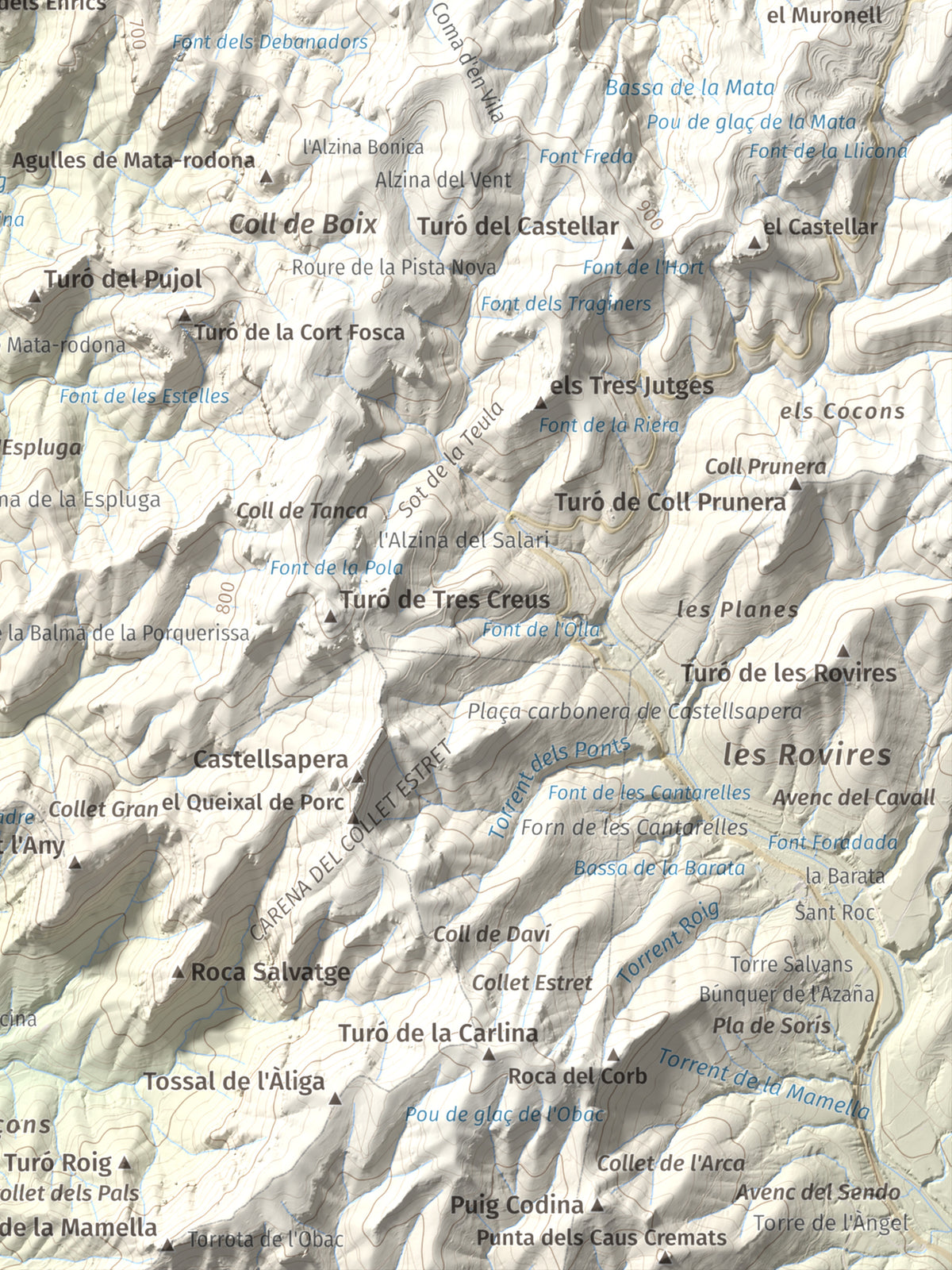 Mapa de relieve de Turó del Mal Pas, 755 m, Bages, lámina 100 Cims de Trobart. Detalle de la zona inferior derecha. 30 × 40 cm.