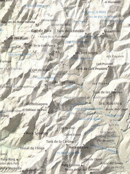 Mapa de relieve de Turó del Mal Pas, 755 m, Bages, lámina 100 Cims de Trobart. Detalle de la zona inferior derecha. 30 × 40 cm.