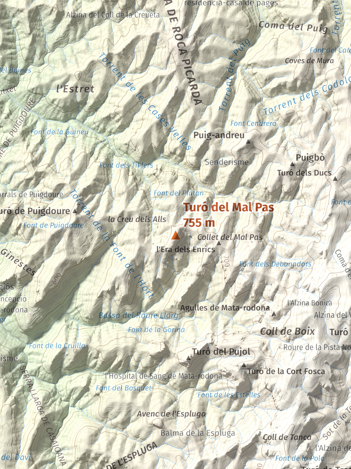 Mapa de relieve de Turó del Mal Pas, 755 m, Bages, lámina 100 Cims de Trobart. Detalle de la zona central. 30 × 40 cm.
