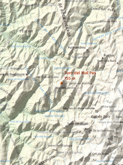 Mapa de relieve de Turó del Mal Pas, 755 m, Bages, lámina 100 Cims de Trobart. Detalle de la zona central. 30 × 40 cm.