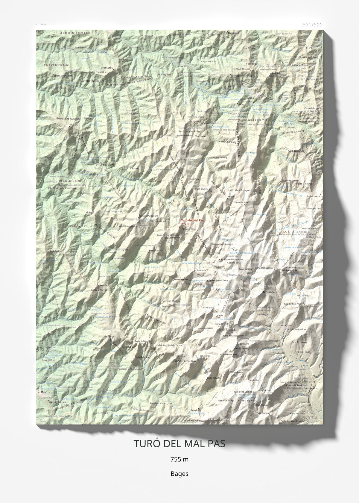 Mapa de relieve de Turó del Mal Pas, 755 m, Bages, lámina 100 Cims de Trobart 50 × 70 cm.
