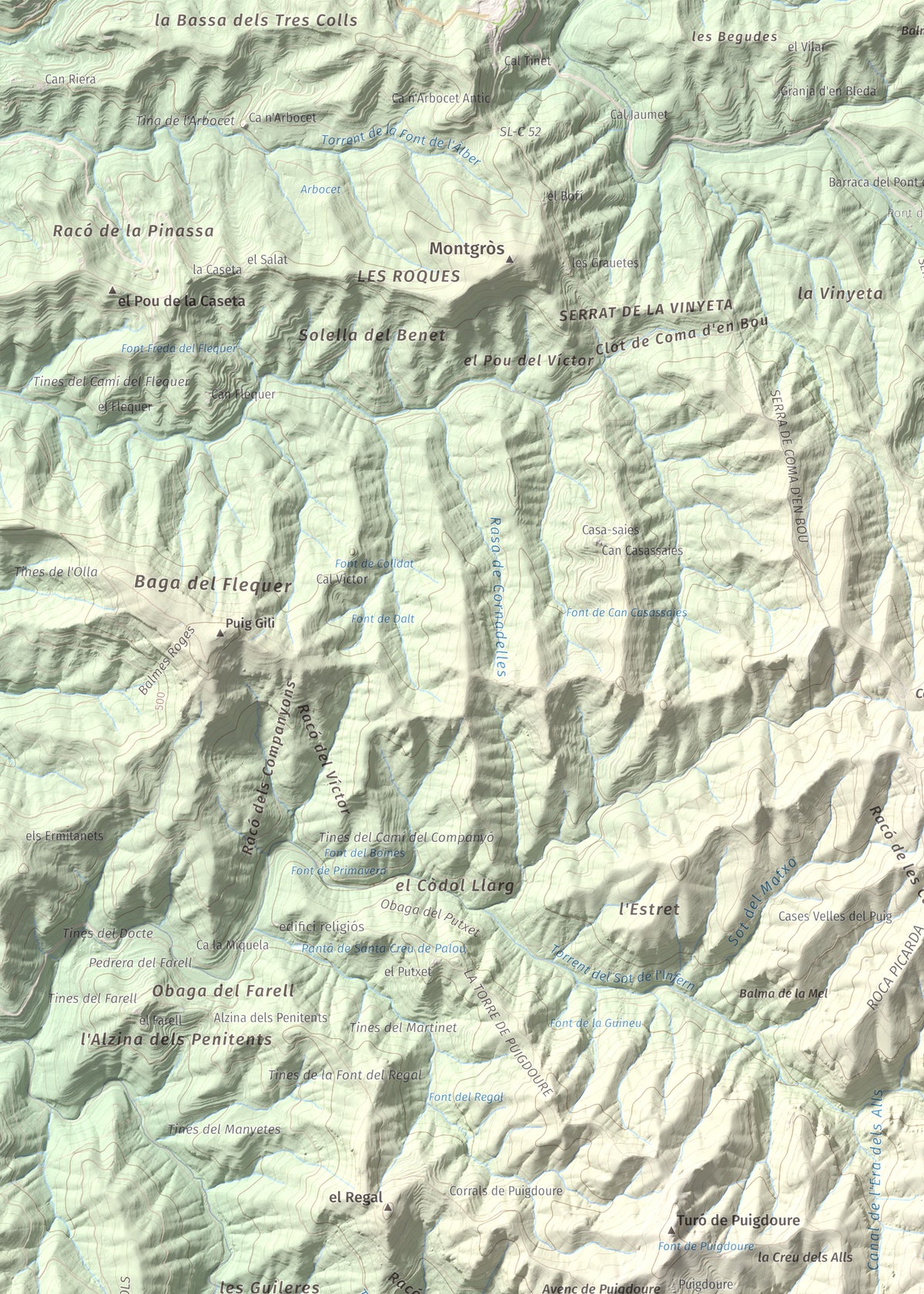Mapa de relieve de Turó del Mal Pas, 755 m, Bages, lámina 100 Cims de Trobart. Detalle de la zona superior izquierda. 50 × 70 cm.