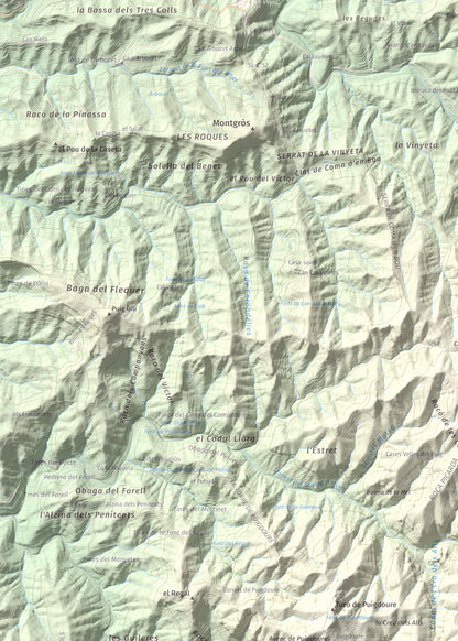 Mapa de relieve de Turó del Mal Pas, 755 m, Bages, lámina 100 Cims de Trobart. Detalle de la zona superior izquierda. 50 × 70 cm.