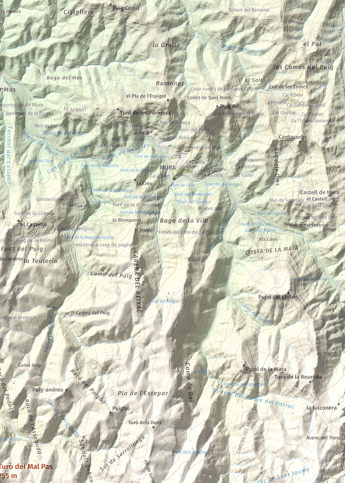 Mapa de relieve de Turó del Mal Pas, 755 m, Bages, lámina 100 Cims de Trobart. Detalle de la zona superior derecha. 50 × 70 cm.