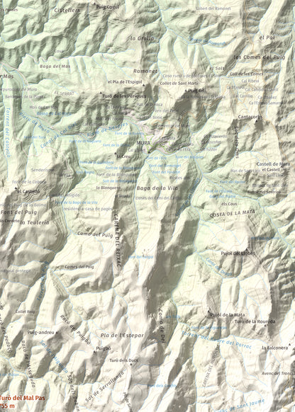 Mapa de relieve de Turó del Mal Pas, 755 m, Bages, lámina 100 Cims de Trobart. Detalle de la zona superior derecha. 50 × 70 cm.