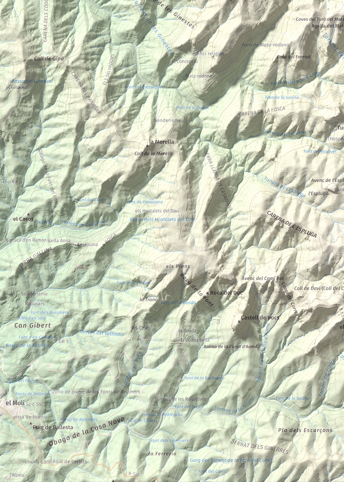 Mapa de relieve de Turó del Mal Pas, 755 m, Bages, lámina 100 Cims de Trobart. Detalle de la zona inferior izquierda. 50 × 70 cm.
