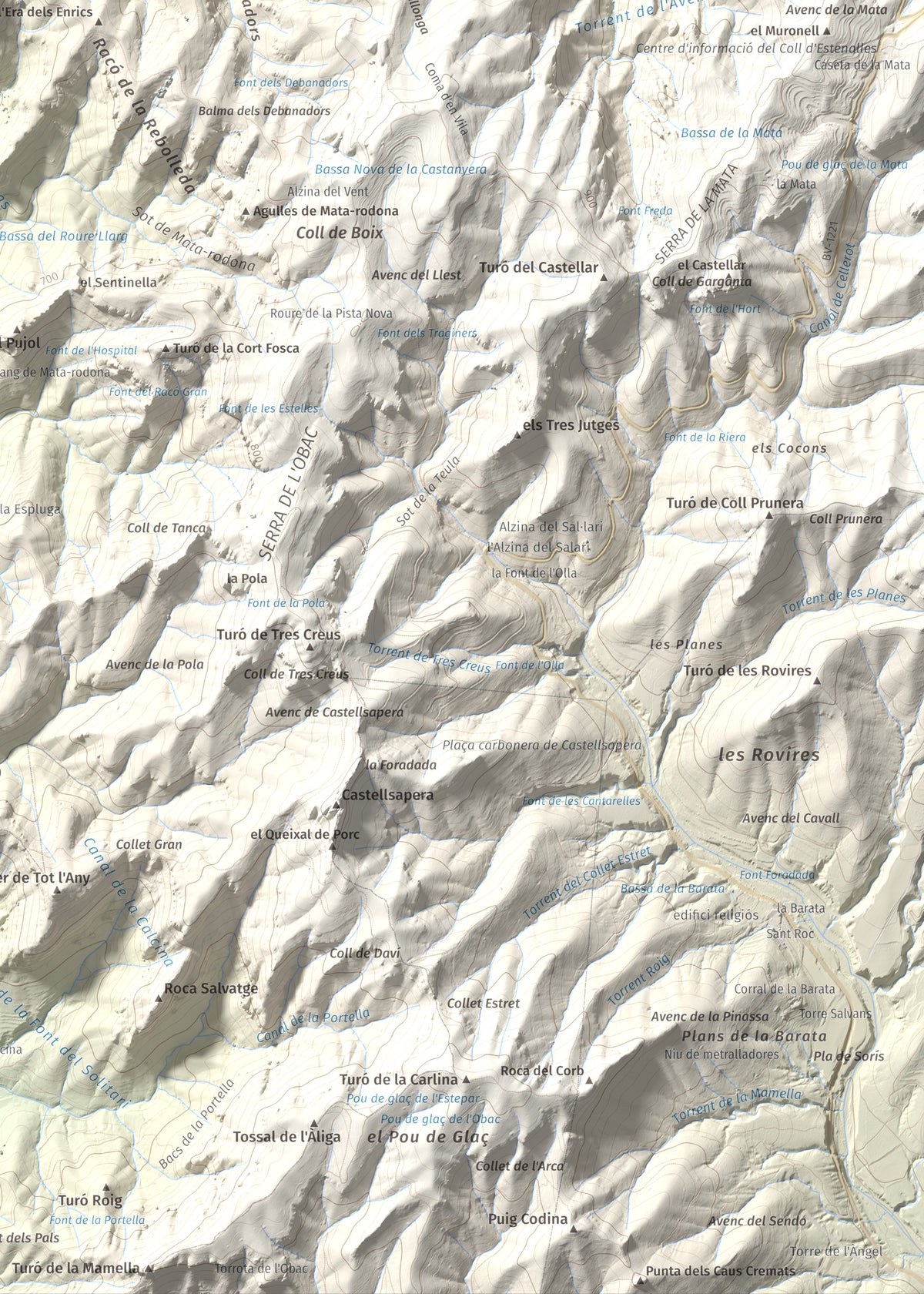 Mapa de relieve de Turó del Mal Pas, 755 m, Bages, lámina 100 Cims de Trobart. Detalle de la zona inferior derecha. 50 × 70 cm.
