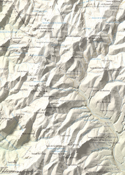 Mapa de relieve de Turó del Mal Pas, 755 m, Bages, lámina 100 Cims de Trobart. Detalle de la zona inferior derecha. 50 × 70 cm.