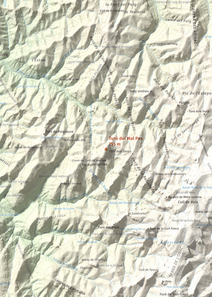 Mapa de relieve de Turó del Mal Pas, 755 m, Bages, lámina 100 Cims de Trobart. Detalle de la zona central. 50 × 70 cm.