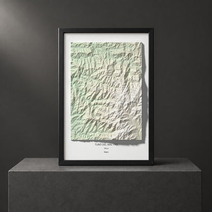 Mapa de relieve de Turó del Mal Pas, 755 m, Bages, lámina 100 Cims de Trobart. Presentación enmarcada. 61 × 91 cm.