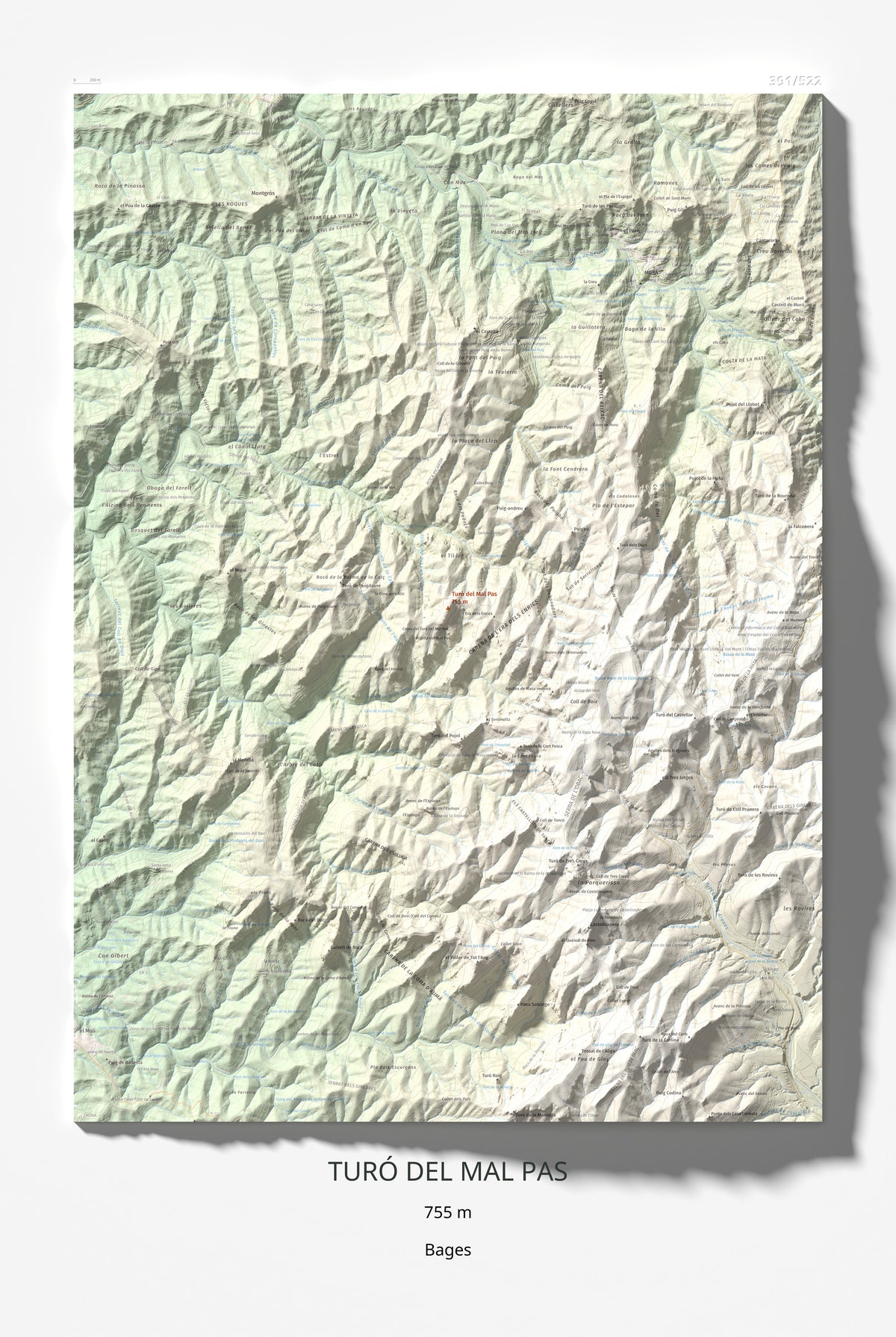 Mapa de relieve de Turó del Mal Pas, 755 m, Bages, lámina 100 Cims de Trobart 61 × 91 cm.
