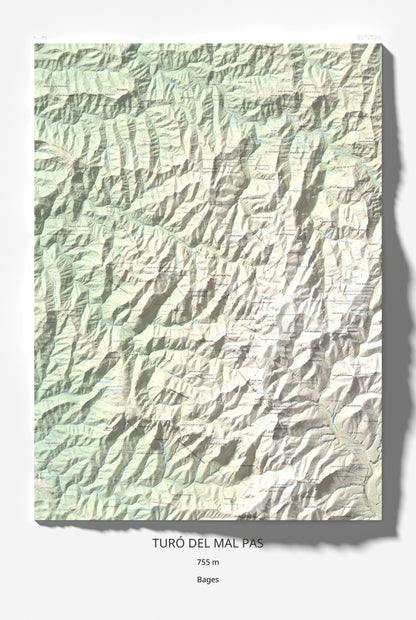 Mapa de relieve de Turó del Mal Pas, 755 m, Bages, lámina 100 Cims de Trobart 61 × 91 cm.
