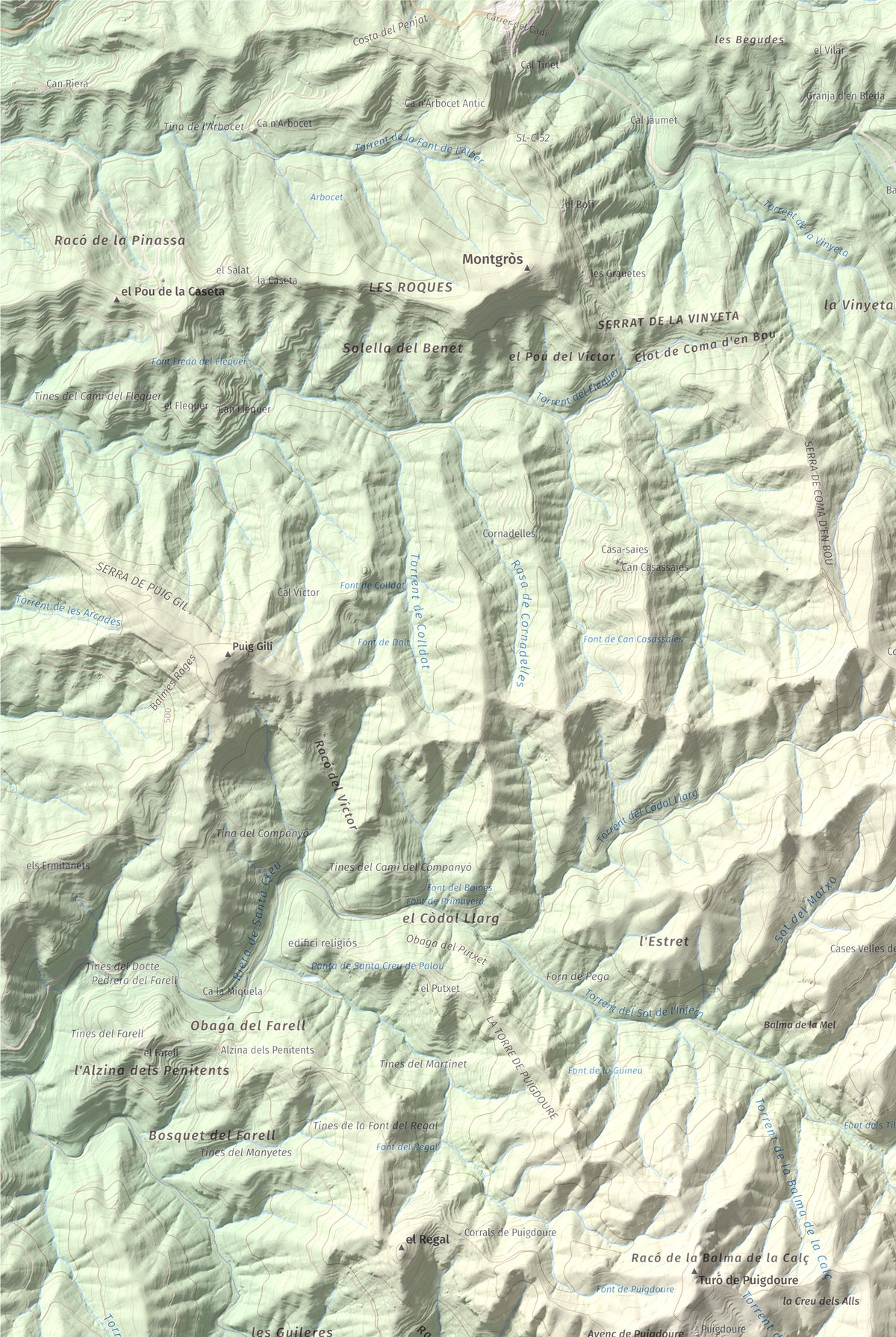 Mapa de relieve de Turó del Mal Pas, 755 m, Bages, lámina 100 Cims de Trobart. Detalle de la zona superior izquierda. 61 × 91 cm.