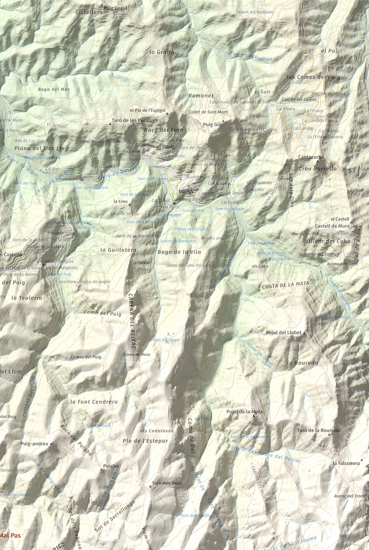 Mapa de relieve de Turó del Mal Pas, 755 m, Bages, lámina 100 Cims de Trobart. Detalle de la zona superior derecha. 61 × 91 cm.