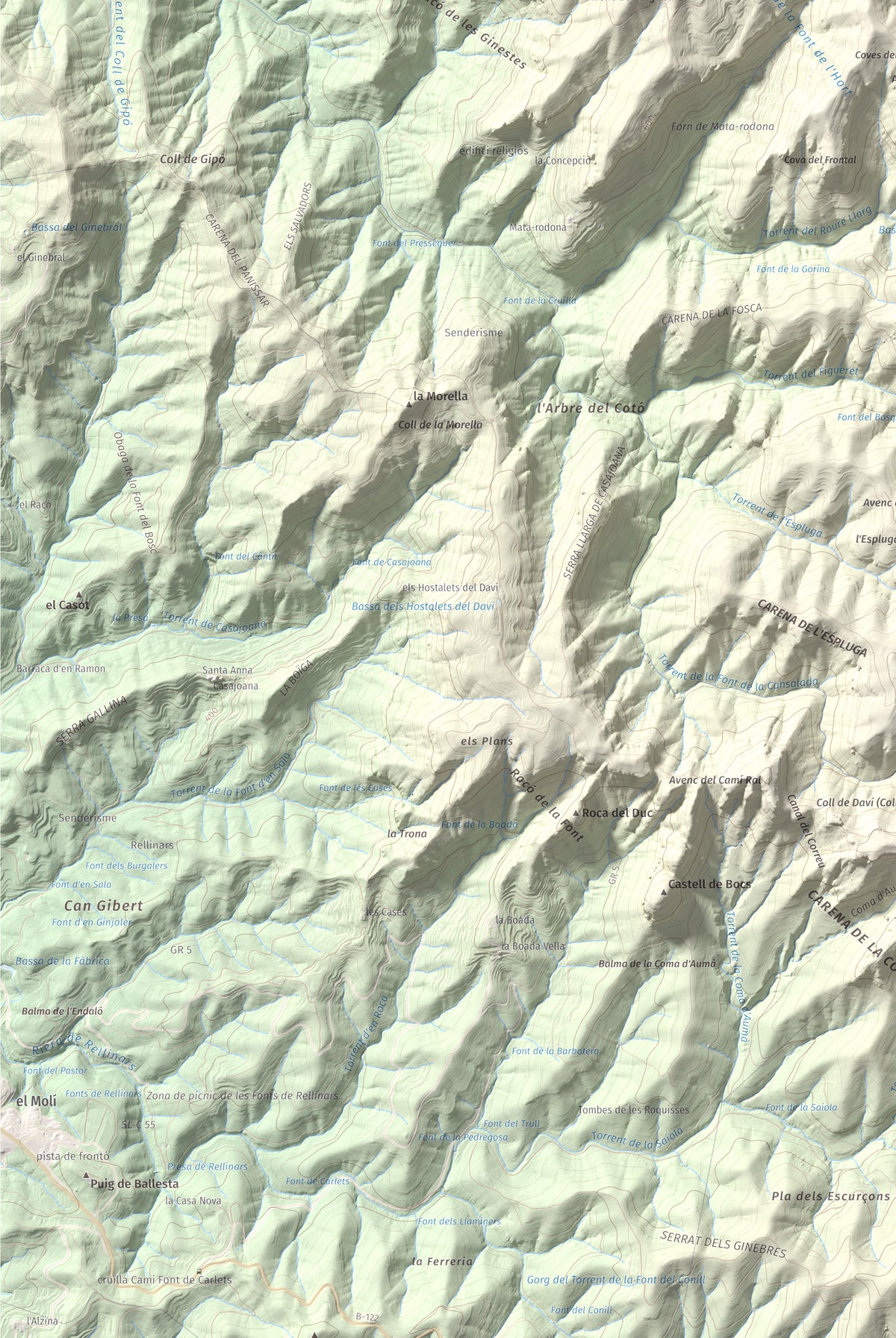 Mapa de relieve de Turó del Mal Pas, 755 m, Bages, lámina 100 Cims de Trobart. Detalle de la zona inferior izquierda. 61 × 91 cm.